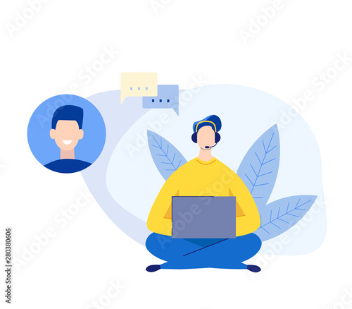 Customer service and operator concept. Vector character man in flat style with headset consulting a client. Company online technical support