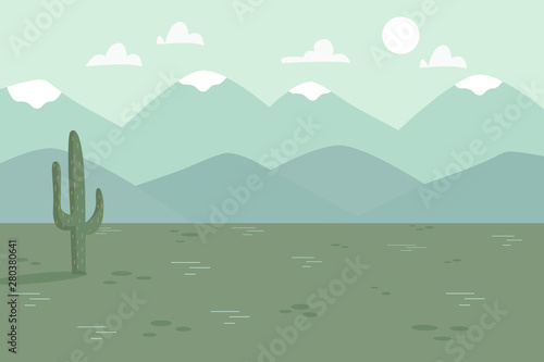 Nature landscape background with mountain, rocks, cactus and clouds. Flat cartoon vector illustration