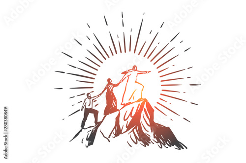 Teamwork, coworking, partnership, leadership, success, globalization concept sketch. Hand drawn isolated vector illustration