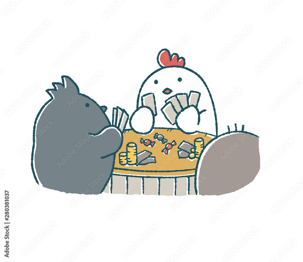 ゆるいにわとりとカラスのポーカー Stock イラスト Adobe Stock