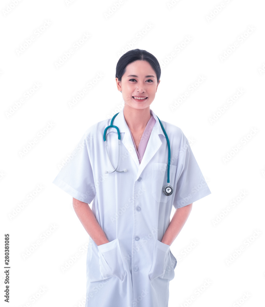 Portrait of Asian young woman doctor in uniform and stethoscope on neck. thinking and looking at camera with smiling isolated on white background. concept healthcare and medicine. Portrait of Asian young woman doctor in uniform and stethoscope on neck. thinking and looking at camera with smiling isolated on white background. concept healthcare and medicine.