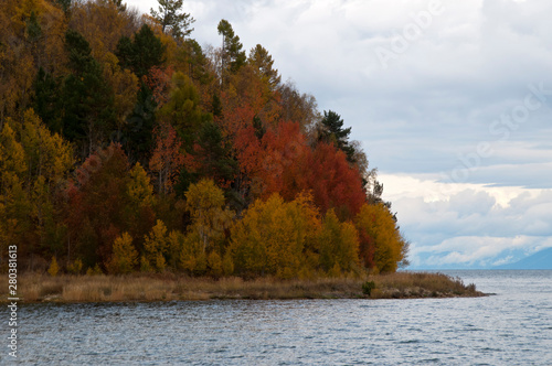 Lake Baikal Russia, autumn colors in trees on headland of chivyrkuysky bay photo