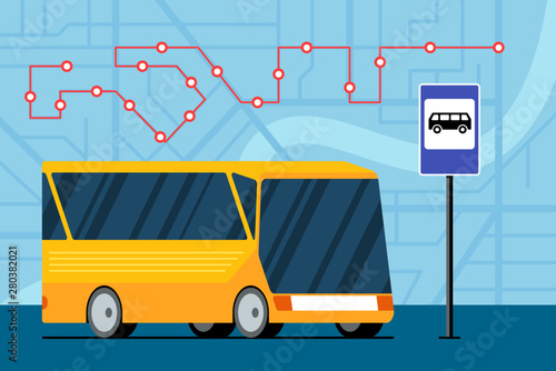 Yellow futuristic city transport bus on road near bus stop station sign on map with traffic navigation route location marker scheme. Vector flat illustration for passenger traffic service