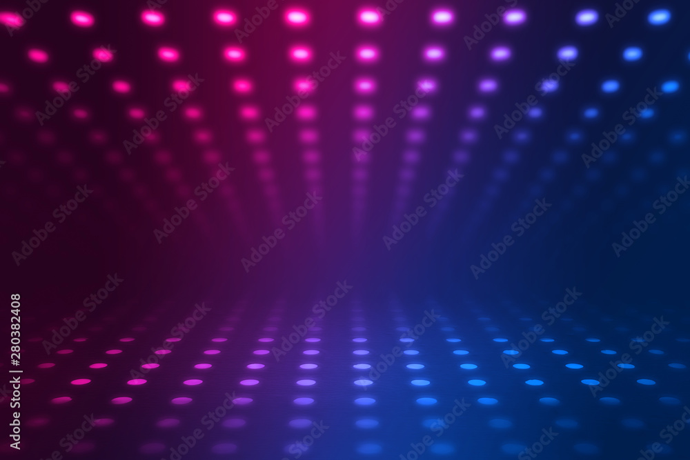 Obraz premium Empty background scene. Dark reflection of the street on the wet asphalt. Rays of blue and red neon light in the dark, neon figures, smoke. Background of empty stage show. Abstract dark background.