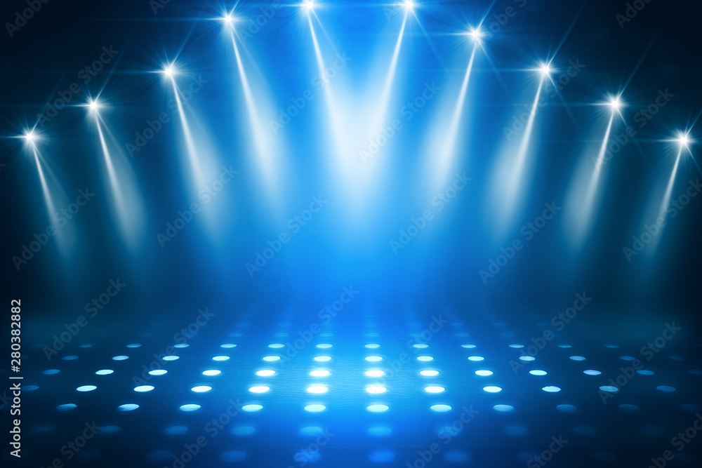 Empty background scene. Dark street reflection on wet asphalt. Rays of neon light in the dark, neon figures, smoke. Background of empty stage show. Abstract dark background. Empty background scene. Dark street reflection on wet asphalt. Rays of neon light in the dark, neon figures, smoke. Background of empty stage show. Abstract dark background.