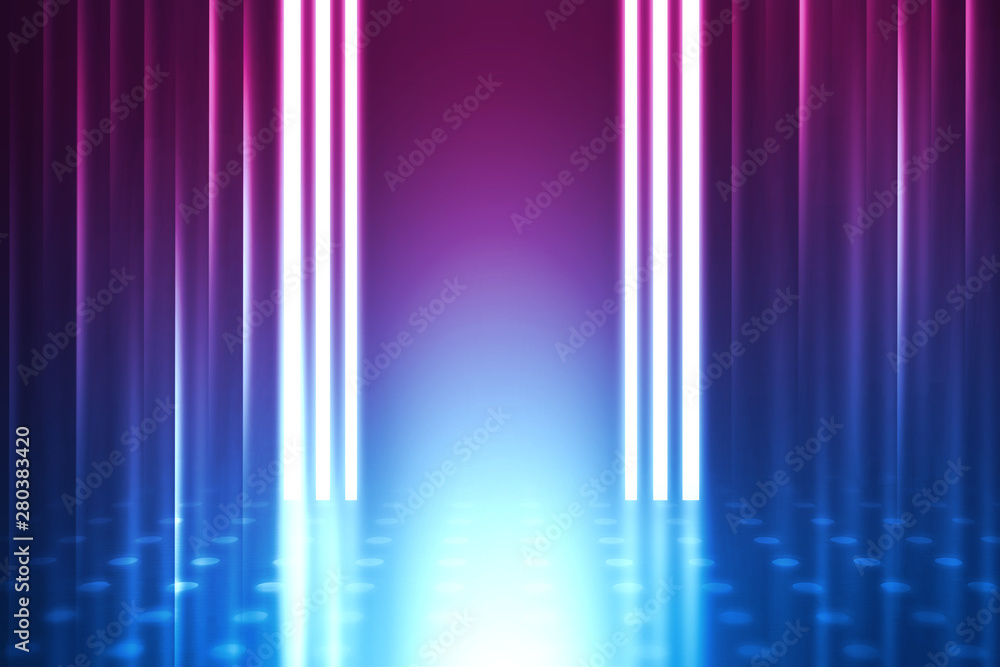 Empty background scene. Dark reflection of the street on the wet asphalt. Rays of blue and red neon light in the dark, neon figures, smoke. Background of empty stage show. Abstract dark background. Empty background scene. Dark reflection of the street on the wet asphalt. Rays of blue and red neon light in the dark, neon figures, smoke. Background of empty stage show. Abstract dark background.