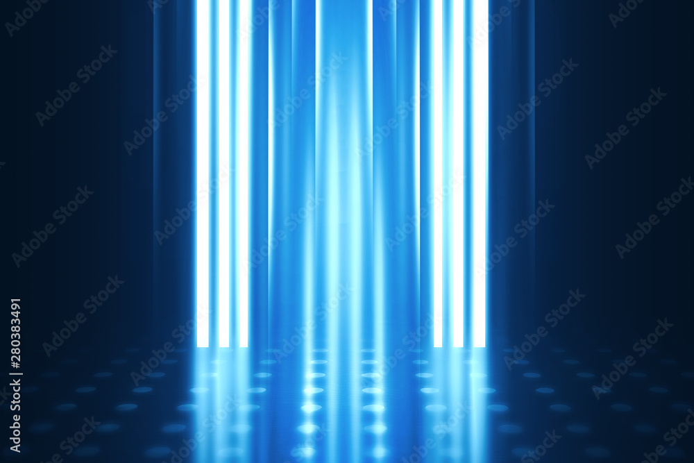 Empty background scene. Dark street reflection on wet asphalt. Rays of neon light in the dark, neon figures, smoke. Background of empty stage show. Abstract dark background. Empty background scene. Dark street reflection on wet asphalt. Rays of neon light in the dark, neon figures, smoke. Background of empty stage show. Abstract dark background.