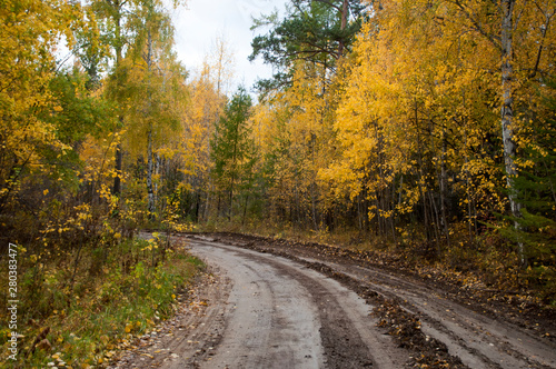 Lake Baikal Russia, dirt road to chivyrkuysky bay with autumn foliage