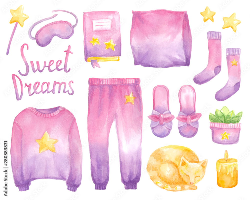 Watercolor set with clothes for sleep in pink gradient color. Hand drawn  homes object in watercolor: pajamas, cat, stars. Illustration fashion print.