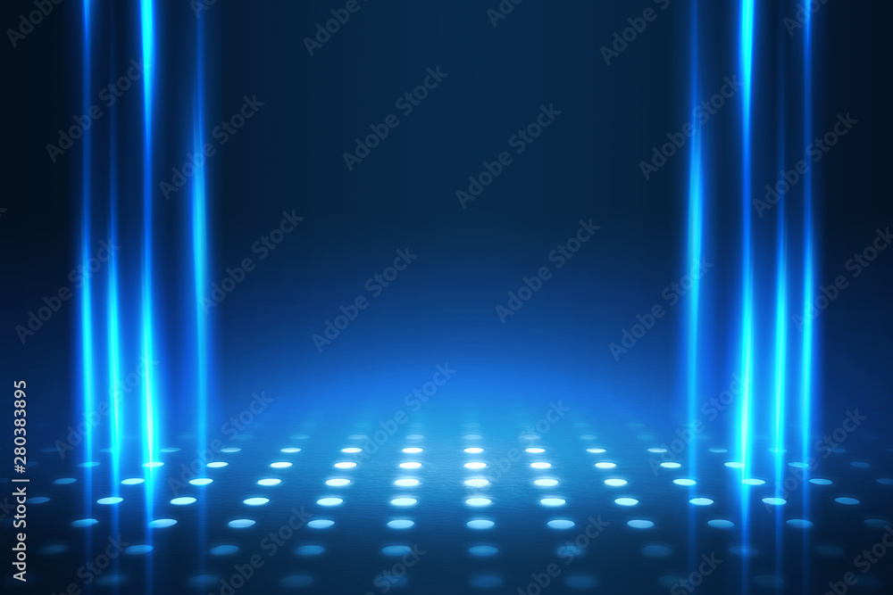 Empty background scene. Dark street reflection on wet asphalt. Rays of neon light in the dark, neon figures, smoke. Background of empty stage show. Abstract dark background. Empty background scene. Dark street reflection on wet asphalt. Rays of neon light in the dark, neon figures, smoke. Background of empty stage show. Abstract dark background.