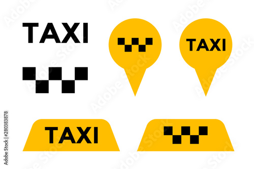 Taxi cab service vector icon set. Yellow signboard and pin signs of passenger city transport markers. Vector illustration