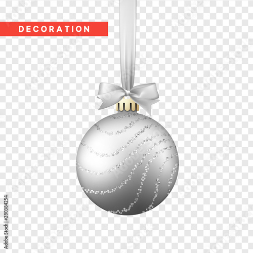 Xmas balls silver color. Christmas bauble decoration elements. Object isolated a background with transparency effect