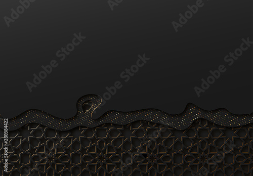 Black and gold background with geometric texture tunnel style cut out paper embossing pattern.