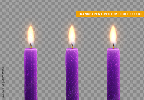 Candles burn with fire. Set of paraffin candles realistic isolated on transparent background. Element for design decor, vector illustration