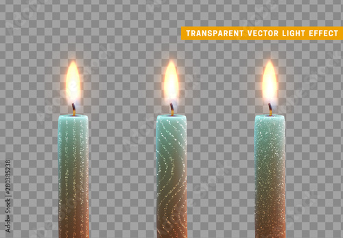 Candles burn with fire. Set of paraffin candles realistic isolated on transparent background. Element for design decor, vector illustration