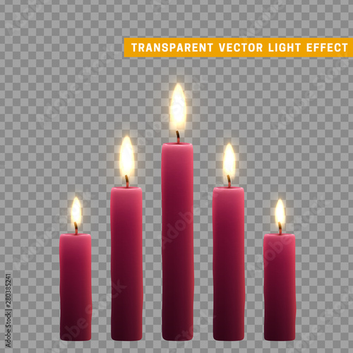 Candles burn with fire realistic. Set isolated on transparent background. Element for design decor, vector illustration
