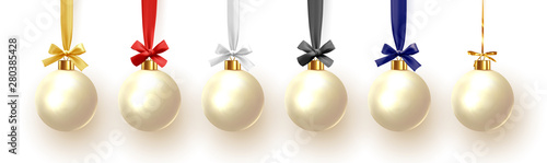 White Christmas decorative balls, Xmas baubles realistic isolated. Vector illustration