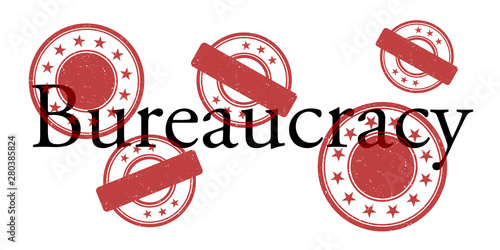 Bureaucracy - rubber stamps over text. Bureaucratization and bureaucratic aministrative administration and paperwork. Vector illustration.