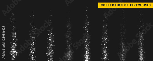 Vector white light effect. Set festive fireworks isolated on black background