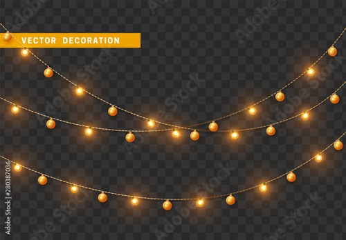 Christmas decorations, isolated on transparent background. Gold light garlands with balls realistic set. Golden Xmas decor. Festive design element