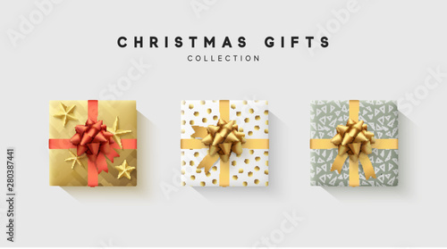 Christmas collection of gift box with bow and ribbon, is packed in funny foil pattern winter