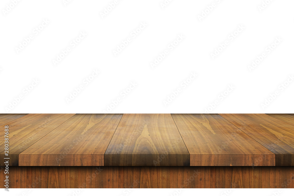 Empty wood table isolated on white background with display montage for product. Empty wood table isolated on white background with display montage for product.
