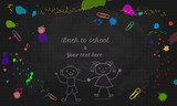 Back to School text design with doodle boy and girl isolated on black chalkboard background with colorful paint splashes and splatter. Template for banner, poster, flyer, marketing, promotion