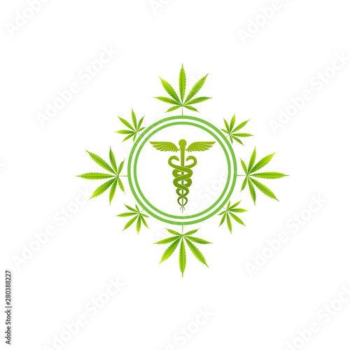 Medical marijuana plant caduceus concept symbol