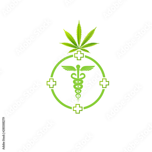 Medical marijuana plant caduceus concept symbol