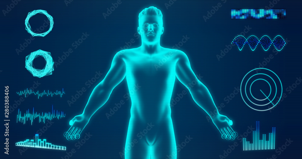 Abstract man body hologram isolated on blue background 3d rendering. HUD elements, x-ray body, cyborg, digital data and radar set for futuristic Sci-Fi interface