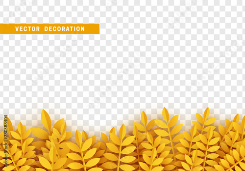 Frame Autumn Yellow Leaves, Border with yellow leaves and grass. Flat paper cut art. Vector decorative leaf