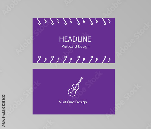 Fun violet musician business card with white guitar and music notes. Two sides. Standard size (90*50 mm). Usable for singers, songwriters, musicians, celebration parties etc