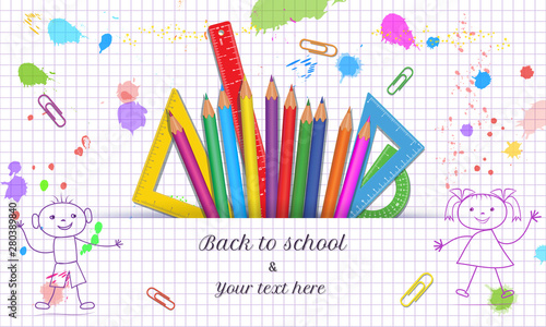 Creative Back to School banner template with hand drawn doodle boy and girl isolated on abstract white background with grid paper pattern, colorful paint splashes, splatter and school supplies