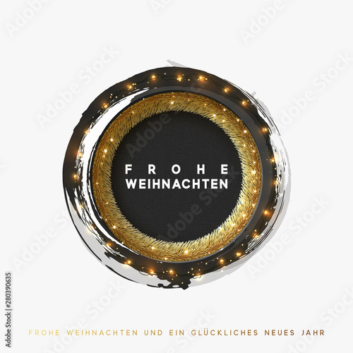 German text Frohe Weihnachten. Christmas greeting illustration. Round hole  black abstract frame  with bright light golden garlands. Xmas Background  vector cards