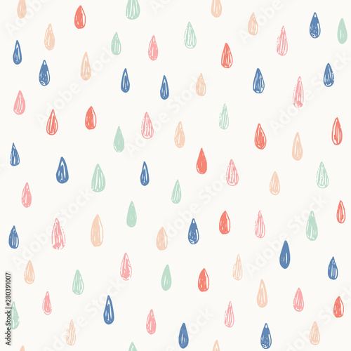 Vector pattern with doodle rain drops. Seamless cute background in mint, mustard yellow and pink. Hand drawn abstract background.
