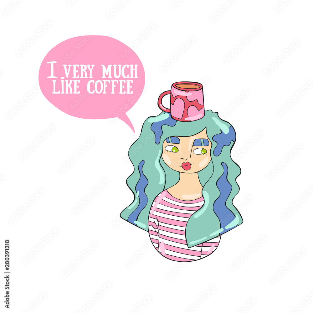 I very much like coffee. Beautiful girl. Coffee cup. Lettering poster. Isolated vector object on white background. I very much like coffee. Beautiful girl. Coffee cup. Lettering poster. Isolated vector object on white background.