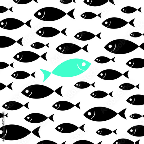A flock of fish. Shoal of fish illustration with one differen fish inside. 