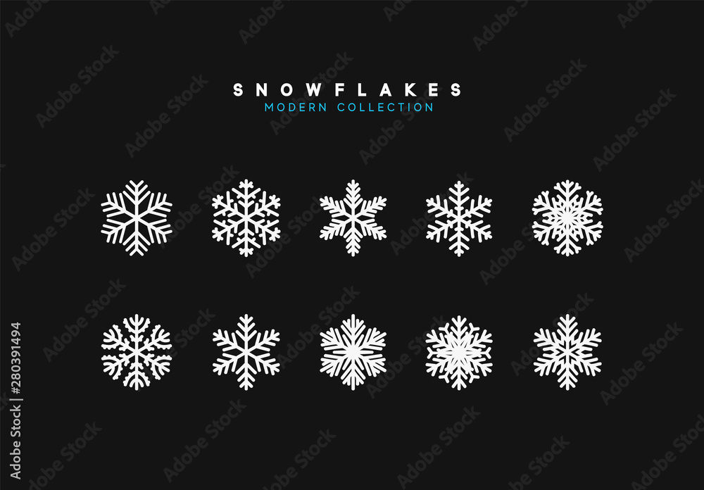 Set vector snowflakes. Collection of snowflake winter decoration. Isolated on black background
