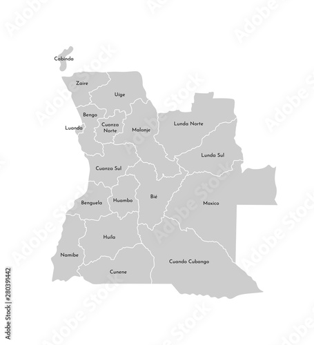 Vector isolated illustration of simplified administrative map of Angola. Borders and names of the provinces (regions). Grey silhouettes. White outline