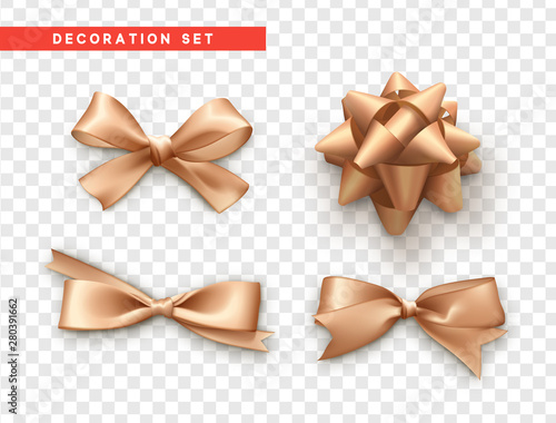 Bows beige realistic design. Isolated gift bows with ribbons