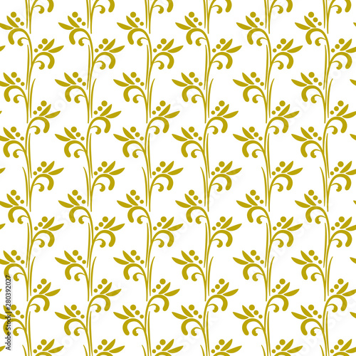 Vector seamless pattern with vertical branches. Golden branches with leaves. Isolated on white. Simple design for fabrics, wallpapers, textiles, web design.
