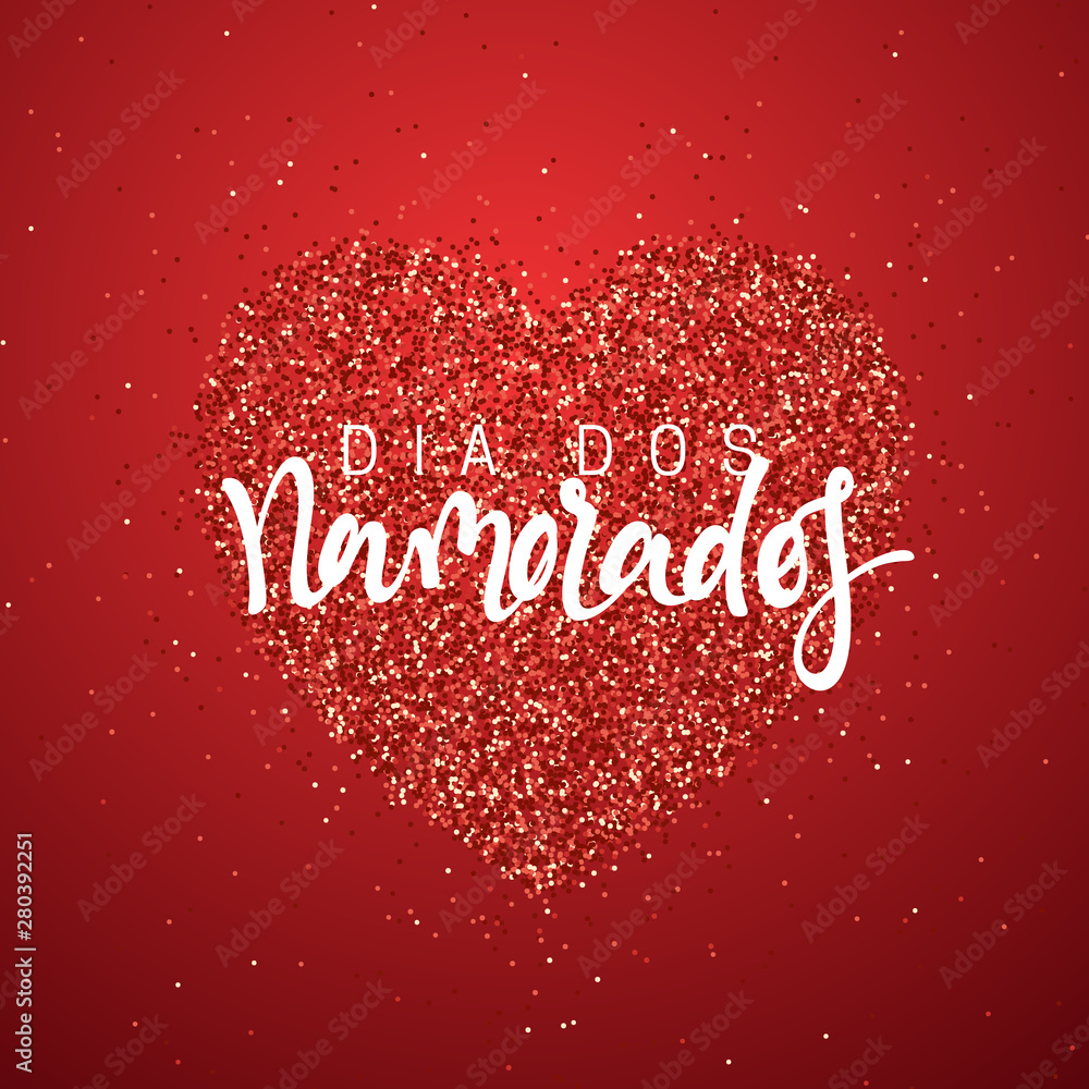 Happy Valentines Day. lettering French Inscription handmade. Dia dos Namorados. Holiday greeting card on red bright heart background. Design of brochures, posters, banners, web. World festival of love