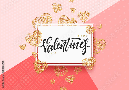 Happy Valentines Day lettering greeting card on golden bright heart background. Festive banner and poster.