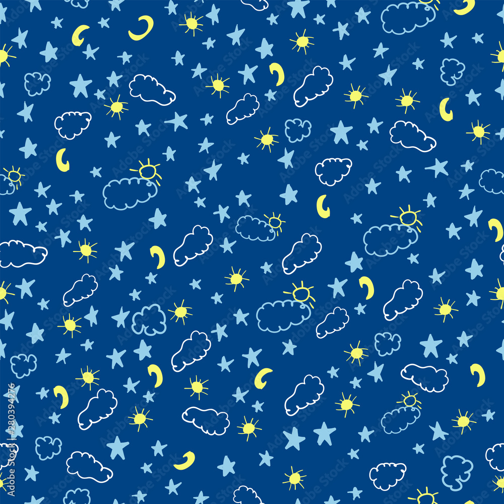 Simple kids seamless background of sky with hand drawn stars, moon,sun,clouds for wrapping