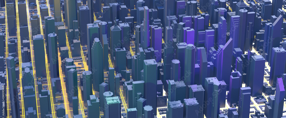 Obraz premium Downtown city skyscrapers. City with glow lines road and digital elements. 3D Rendering.