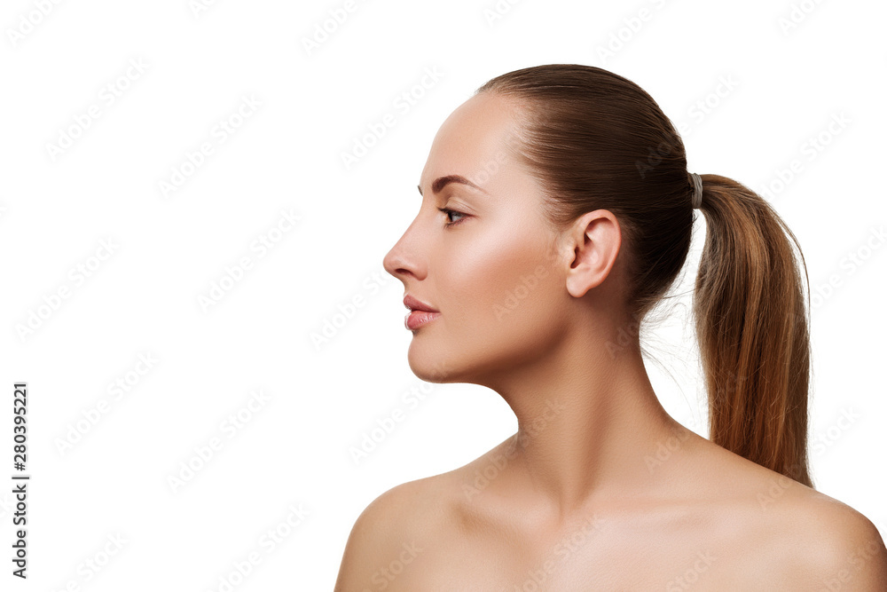 Beauty profile portrait of female face with natural skin. model with light nude make-up isolated on white background Beauty profile portrait of female face with natural skin. model with light nude make-up isolated on white background