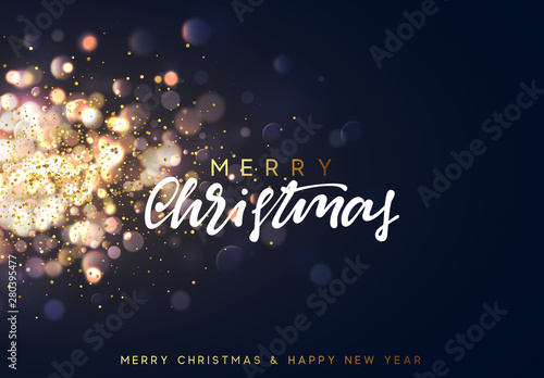 Christmas background with lights gold bokeh. Xmas card. Magic holiday card, poster, banner. Night bright golden light background