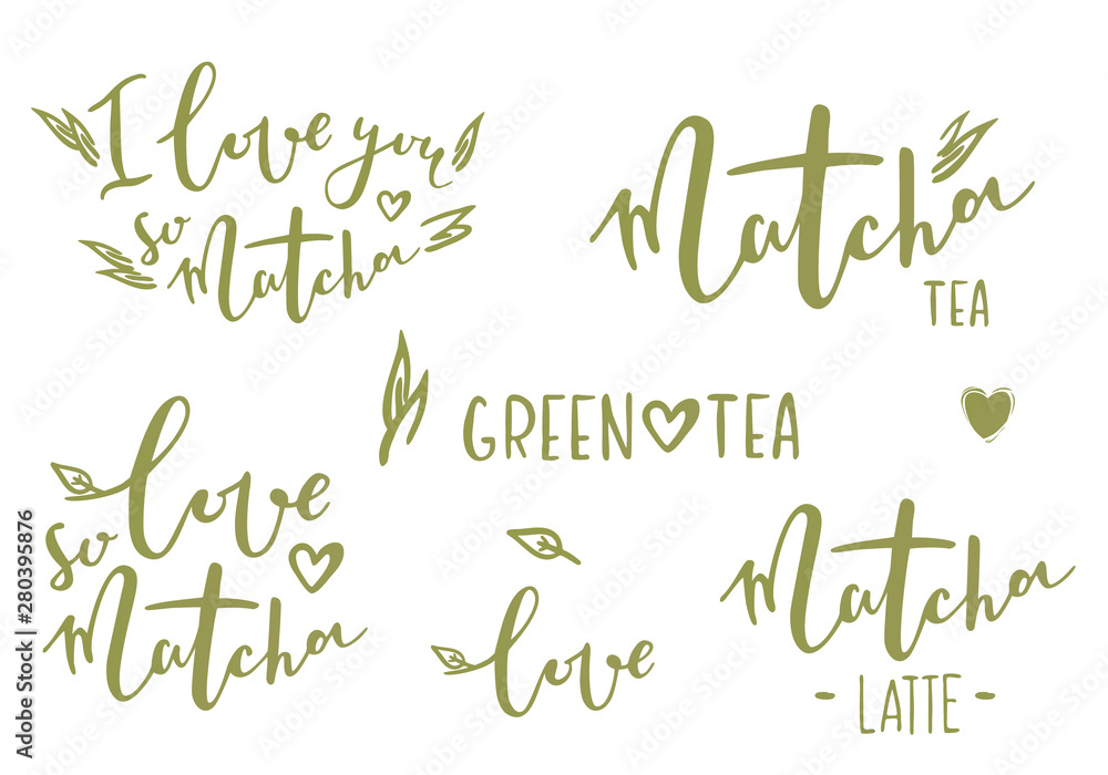 Matcha tea. Hand drawn lettering set about matcha tea