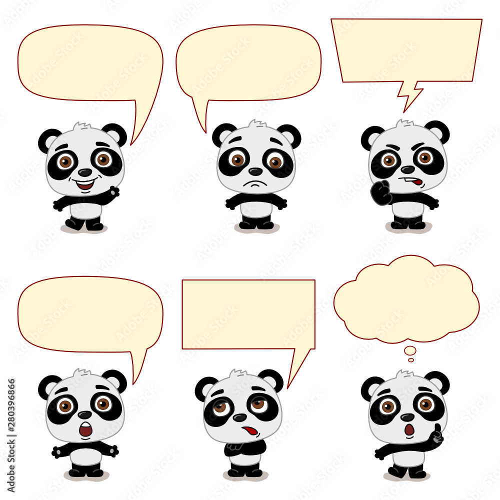 Fototapeta premium Collection of cute Panda bears with speech bubbles in different emotions isolated on white background