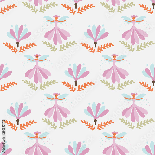 A seamless vector pattern with flower fairies in the garden. Surface print design. Great for children.